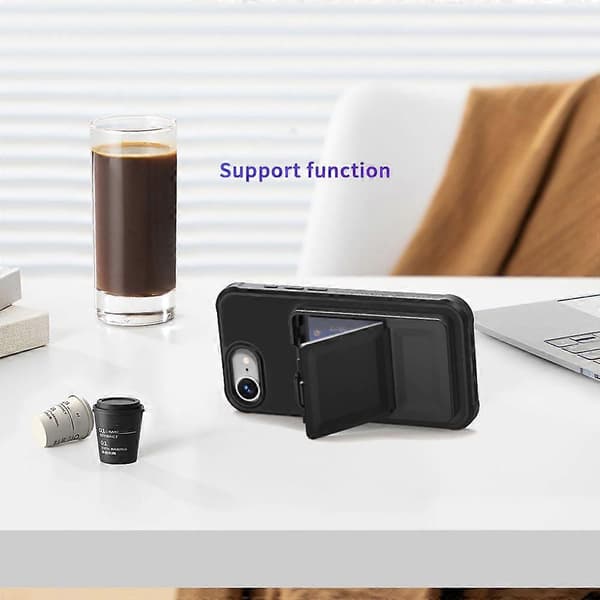 Case for Compatible iPhone 16e - Skin-Friendly TPU + PC Card Holder Case with Mirror Stand Black