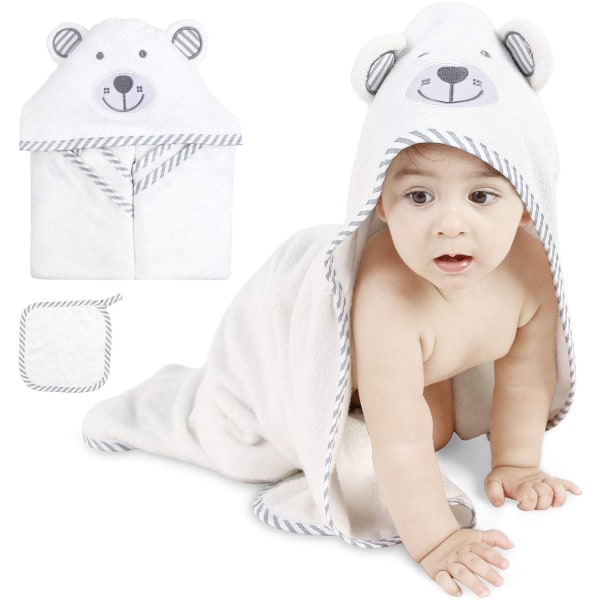 Babyhuva med tvättlapp, ekologisk bomullsfiber, söt björnöron-design, vit mjuk andning
