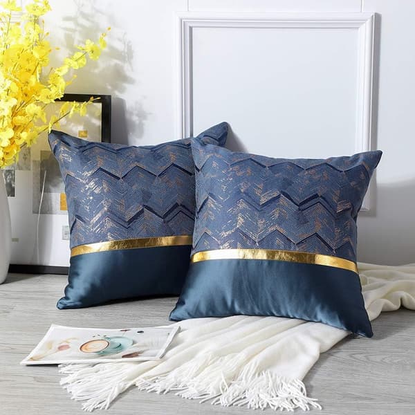 2 st Polyester Guldtråd Våg Dekorativt Örngott Hem Vardagsrum Soffa Sovrum (45x45cm, Marinblå B