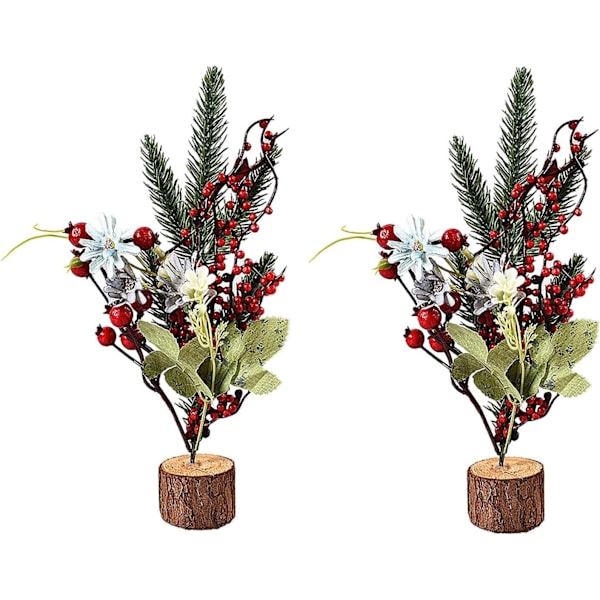 Set med 2 miniatyrkonstgjorda julgranar, 9,5 '', med träbas, för heminredning, kontorsinredning, A3