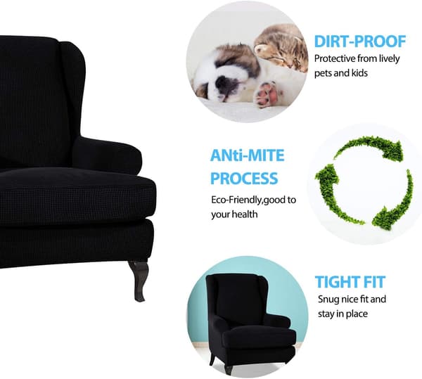 Stretch Wingchair Cover Elastisk fåtöljöverdrag Skydd för stol ， Svart