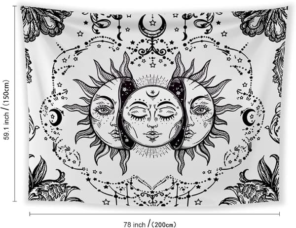 Sol och måne svartvit mandala väggbonad psykedelisk väggbonad som sovrum