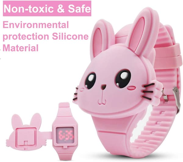 Barn söt digital klocka, söt kaninformad flickklocka LED mode silikon djurform clamshell design armbandsur flicka bästa presenter rosa