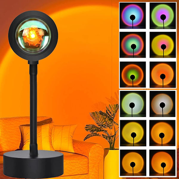 Solnedgångslampa 12 färger LED regnbåge solnedgångsprojektionsljus LED nattljus 360° rotation solnedgångslampa