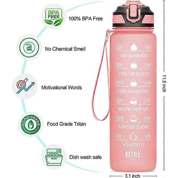 Water bottle with straw and buckle handle, pink (1 liter)