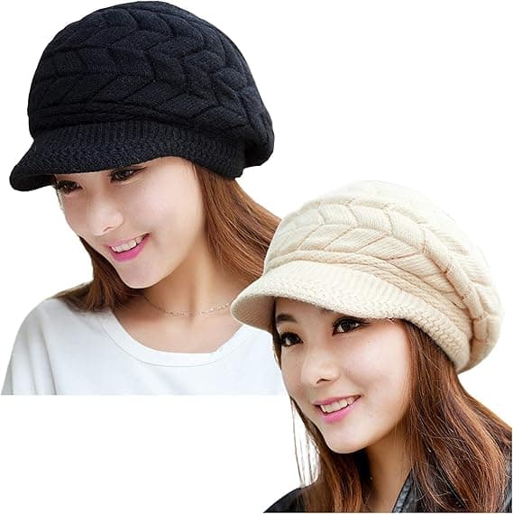 2-pack Dam Vinter Varm Stickad Mössa Slouchy Beanie med Skärm