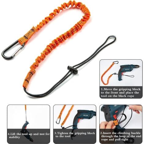 Elastisk sikkerhedsline med karabinhage – 3 stk. i synlig nylon Længde 80 cm, bæreevne 6,8 kg Nem værktøjsinstallation