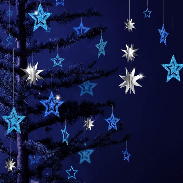 Blå Silver Star Party Dekoration Kit Metallic Glitter 3D Star Girlang Twinkle Little Star