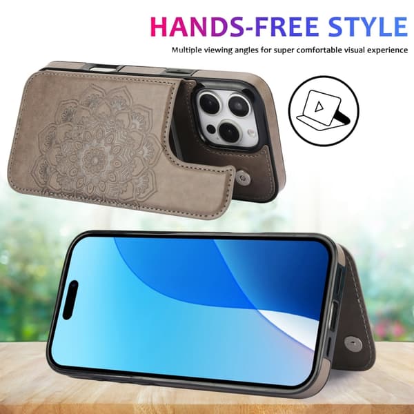 iPhone 16 Pro Max Fodral - Dubbel Spänne Mandala Läder Skal Grå