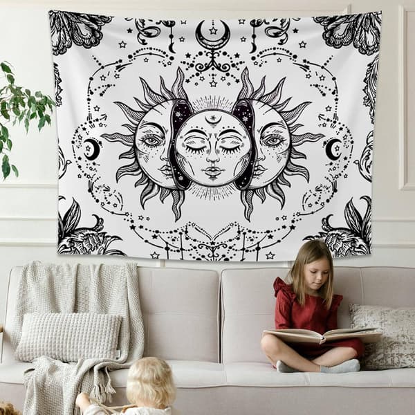 Sol och måne svartvit mandala väggbonad psykedelisk väggbonad som sovrum