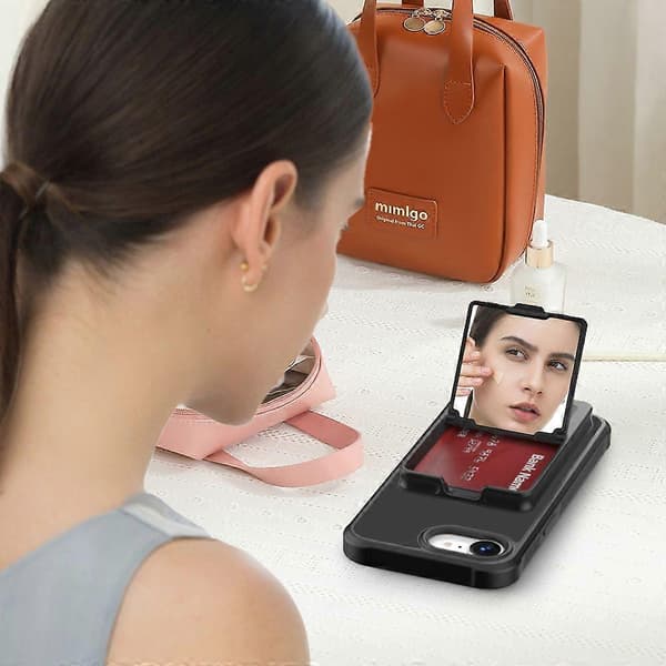 Case for Compatible iPhone 16e - Skin-Friendly TPU + PC Card Holder Case with Mirror Stand Black