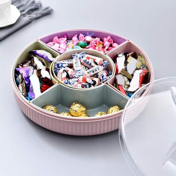 Snacksbricka roterande 5 fack frukt godis aptitretare bricka med lock mat serveringsdisplay tallrik