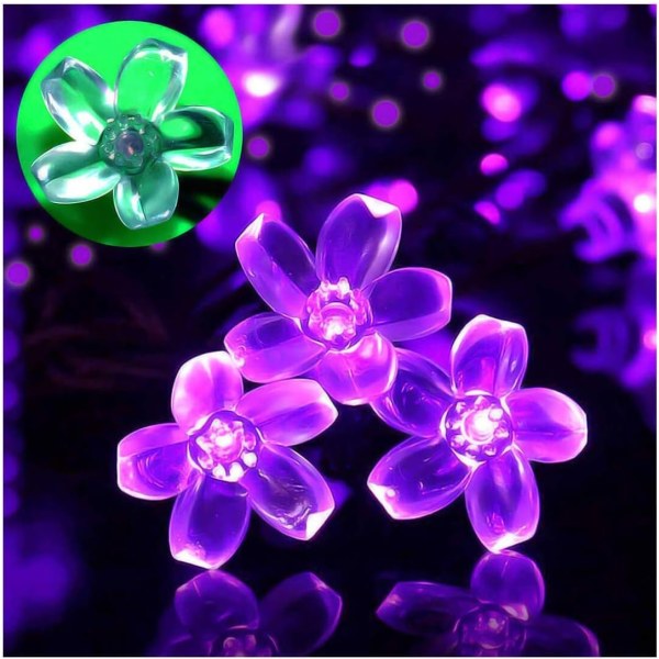 Solcells drivna ljusslinga för uteplatsdekoration, vattentät, 7 meter, 50 LED-lampor, lila blommor