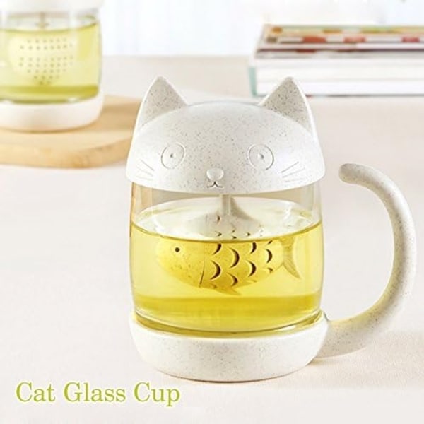 Kattglas tekopp vattenflaska - med 250 ml (8oz) fiskbrödsinfusionsfilterfilter (vit)
