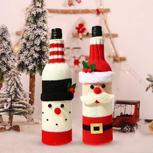 2-pack jultomte-snögubbe-flaskhållare, stickad jultomte-flaskhållare