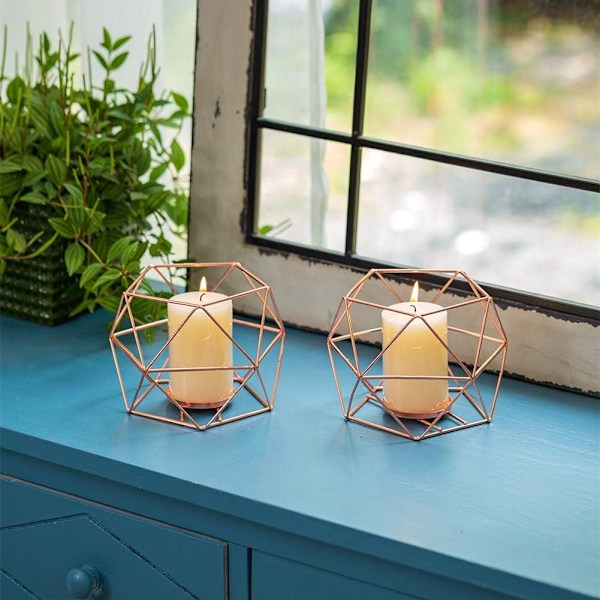 Tealight-ljusstakar - 2-pack tealight-hållare i roséguld, geometriska ljusstakar för bröllop