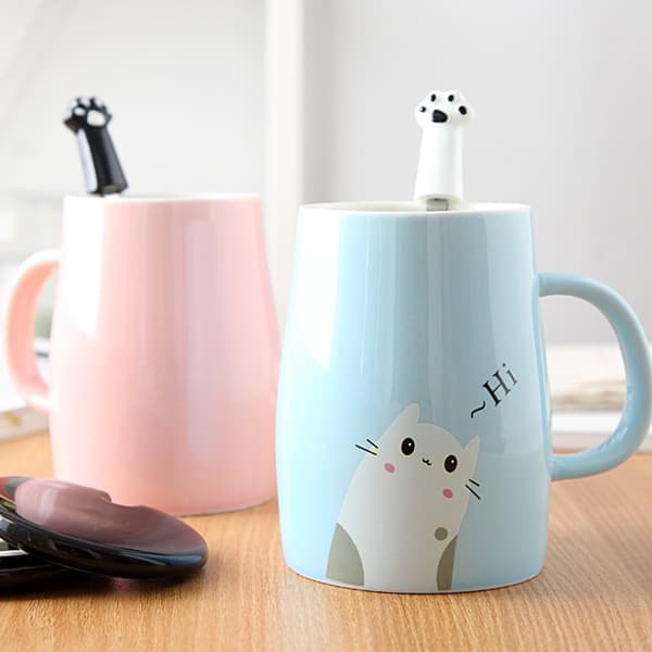 Söt kattmugg Rolig keramisk kaffemugg med rostfritt stålklosked (blå), nyhetskaffemugg