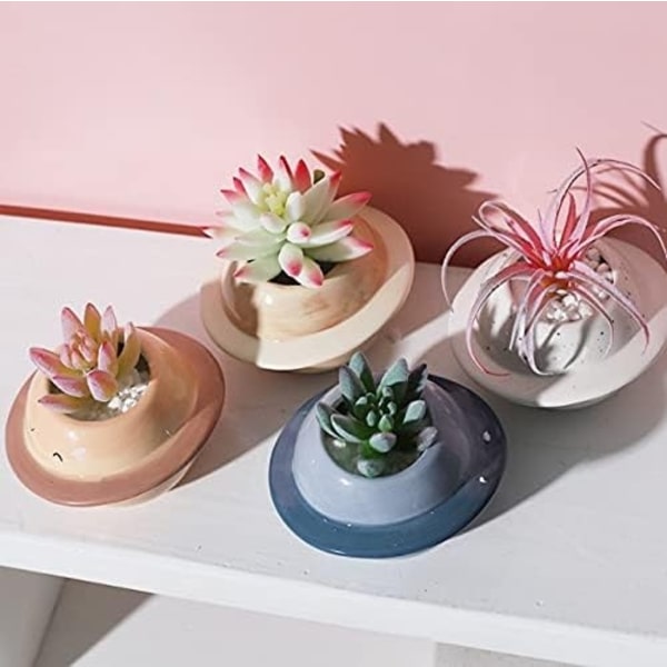 Set med 2 keramiska blomkrukor - För suckulenter - Kreativ - Mini Planet - Dekorativ blomkruka för inomhus eller trädgård - Orange