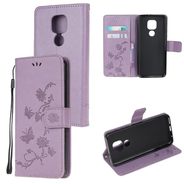 Trykt læderpung-etui til Motorola Moto E7 Plus - lyslilla Purple 1pcs