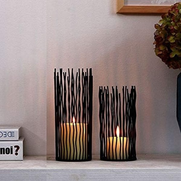 Set med 2 metallpelare ljusstakar, LED flamlösa elektroniska svarta bordsljusstakar, metallburk