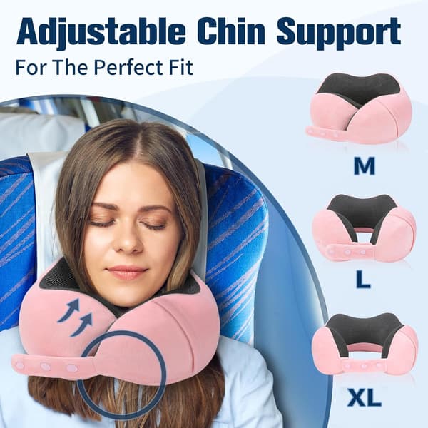 Memory Foam Travel Pillow, Adjustable & Compact Airplane Pillow, Ergonomically Designed, Includes Earplugs, Eye Mask & Storage Bag. pink