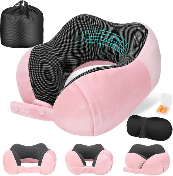 Memory Foam Travel Pillow, Adjustable & Compact Airplane Pillow, Ergonomically Designed, Includes Earplugs, Eye Mask & Storage Bag. pink