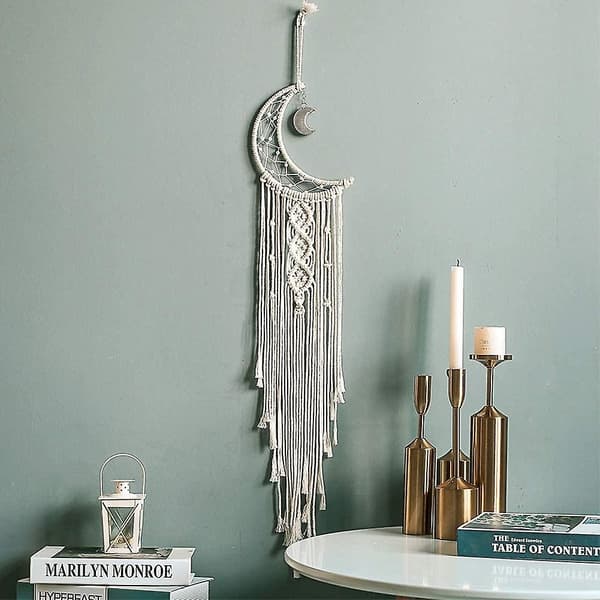 Macrame väggdekoration med LED-ljus, drömfångare i månform, vävd gobeläng