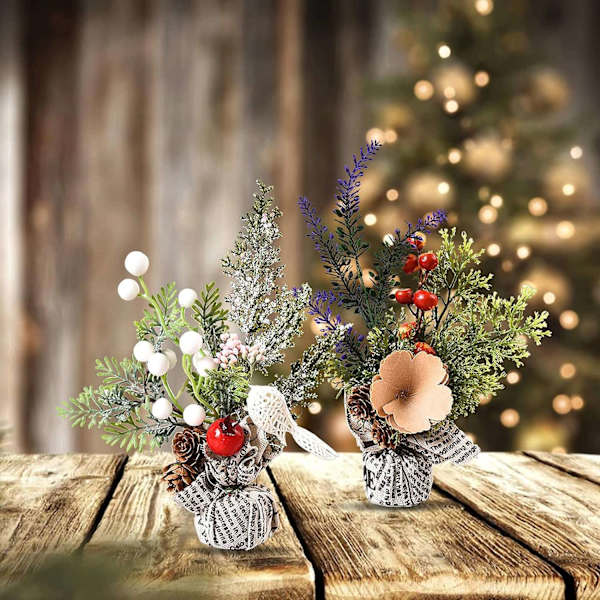 Set med 2 miniatyrkonstgjorda julgranar, 9,5 '', med tygpåsebas och blomma för heminredning, A1