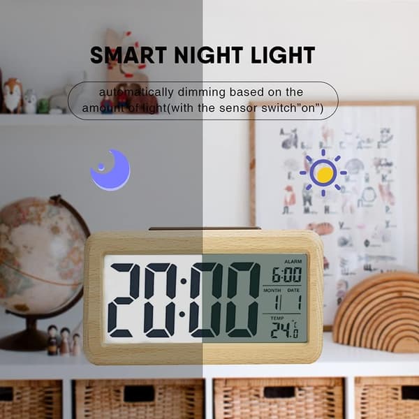 Batteridriven trä LCD digital väckarklocka, smart sensor nattlampa med snooze, datum, tempera