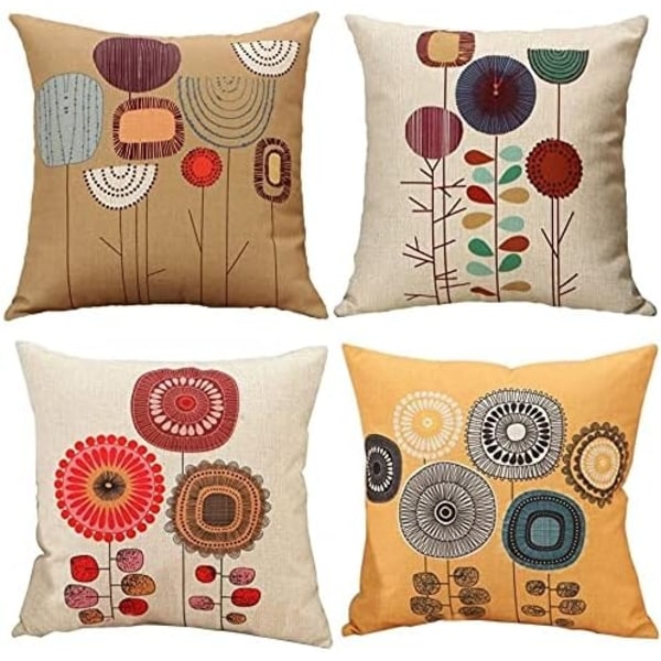 4 linne örngott för soffa, sovrum, hem, 45 x 45 cm (abstrakta blommor)