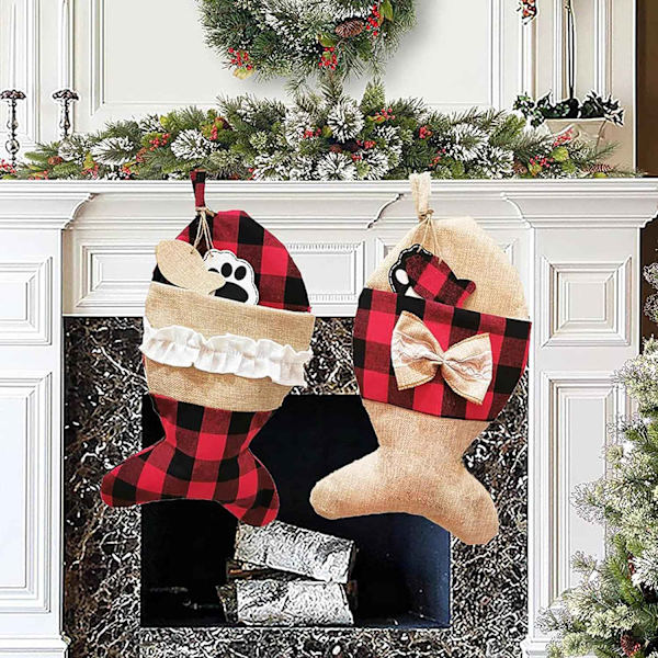 2-pack julstrumpor i fiskform av jute för upphängning, julklappspåse för eldstad, julgranshängande