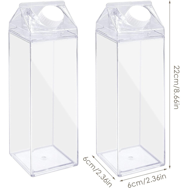 2-pack transparent mjölkförpackning vattenflaska återanvändbar fyrkantig mjölkflaska för mjölkdryck juice (500 ml)