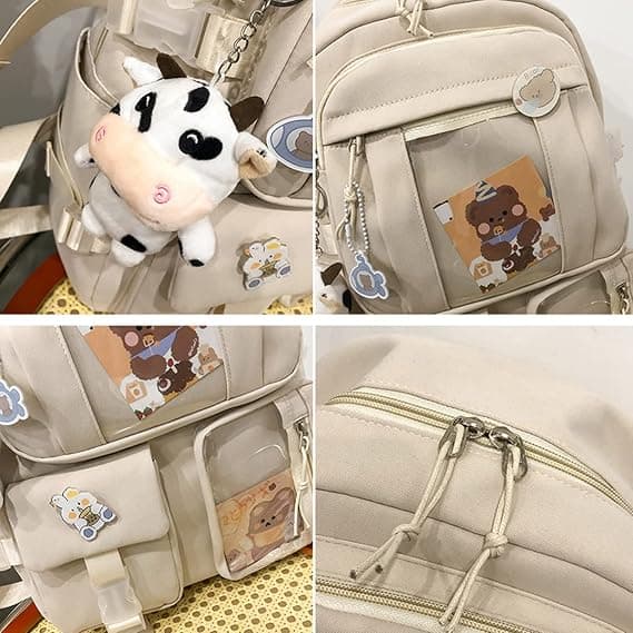 Kawaii Backpack with Cute Pin Accessories Plush Pendant School Backpack Cute Aesthetic Backpack-Beige
