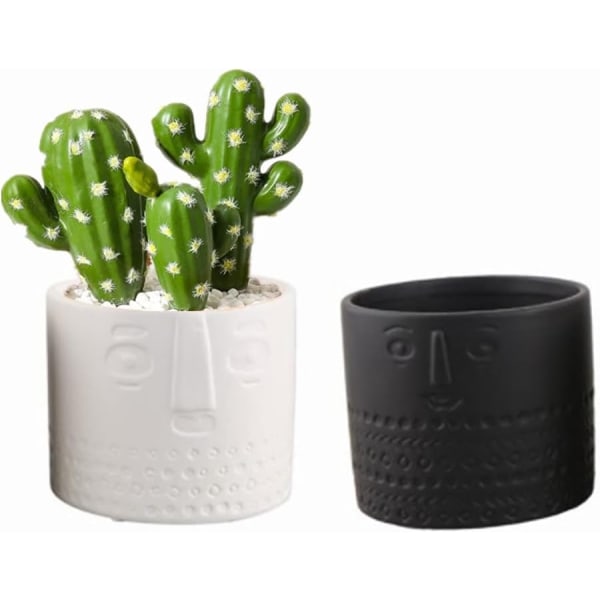 Set med 2 keramiska blomkrukor för suckulenter - Ansiktsdesign - För vardagsrum, kontor - Vit + Svart