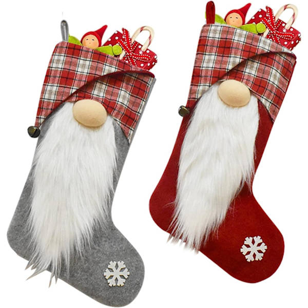 2-pack 18 '' Flanelljulstrumpor - Jultomte - Hängande presentpåse - Julgransprydnader - Grå