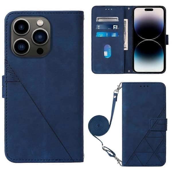 Crossbody 3D Præget Flip Læder Telefonetui Blå Blå Blue For iPhone 15 Pro