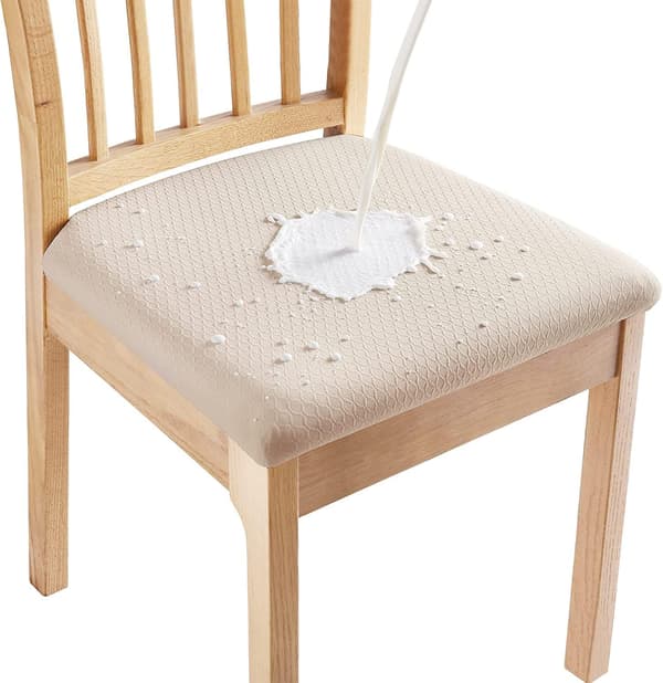Waterproof Dining Chair Covers, 4 Pack, Stretch Jacquard, Removable Washable Chair Slipcovers, No Back Covers, Beige