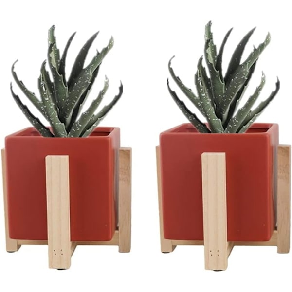 Set med 2 keramiska blomkrukor med växtstativ i trä - Modern - Inomhus och utomhus - Röd (Fyrkantig)