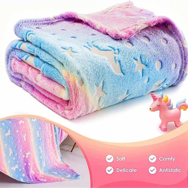 Lysende Tæppe Blødt Fluffy Selvlysende Tæppe Søde Enhjørninger Selvlysende Børnetæppe til Sofa Seng Bil 100x150cm