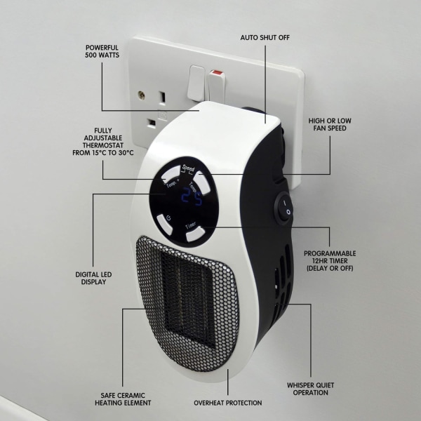 500w plugin-elvärmare med 2 fläktinställningar / 15 - 30°C temperaturinställningar / säkert överhettningsskydd