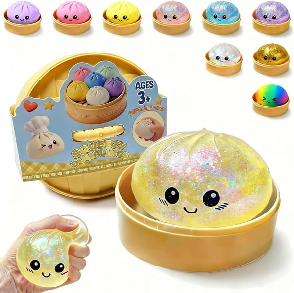 Glitter Dumpling Squishy Toy, Soft Stretchable Squeeze Ball with Steamer for Kids & Adults Flashing yellow