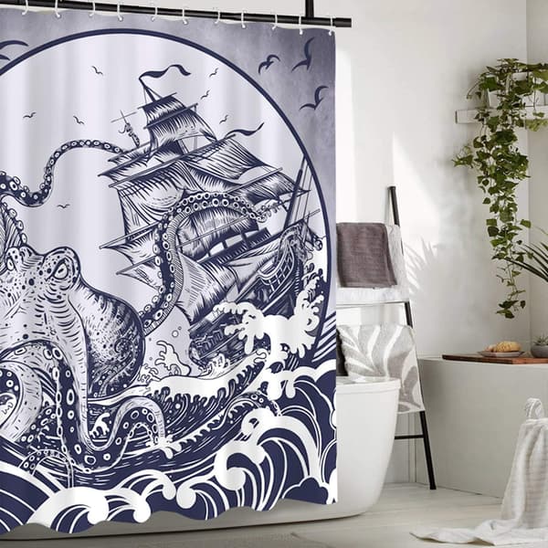 Duschdraperi, tyg duschdraperier för badrum, Nautical Octopus med skepp svart
