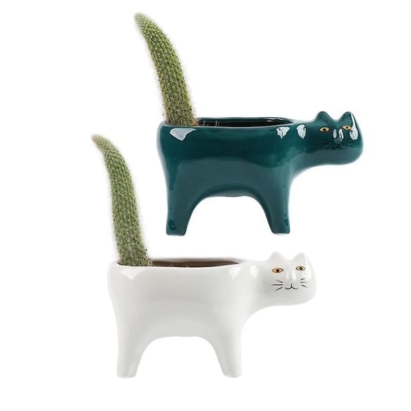 Blomkrukor Söta Katt Succulent Planter Växtbehållare ，Vit + Grön，2 st