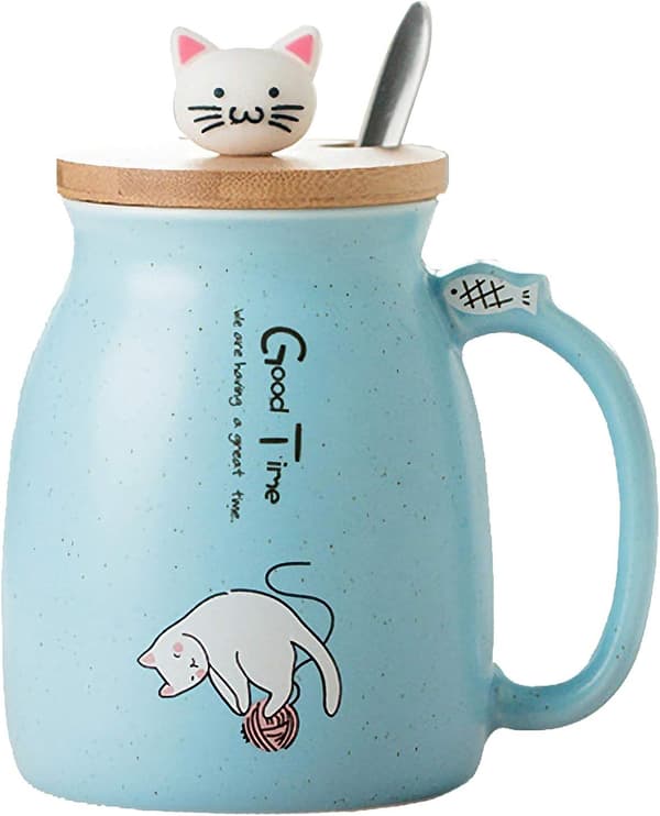 Breakfast Mug Gift for Friends Cat Coffee Mug Rabbit Tea Cup with Lid Spoon Blue