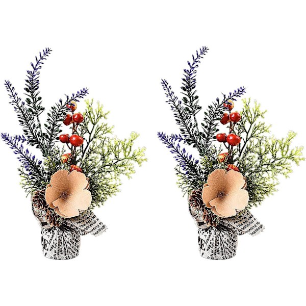 Set med 2 miniatyrkonstgjorda julgranar, 9,5 '', med tygpåsebas och blomma för heminredning, A1