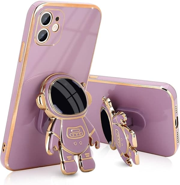 Kompatibel med iPhone 12 Deksel Søt 3D Astronaut Stativ Design Kamera P Lilac