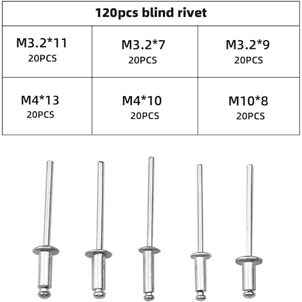 120 st blindnit i aluminiumlegering med kupolhuvud, popnit med runt huvud, öppen nitförvaring