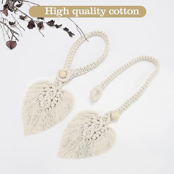2 stycken Boho Gardinhållare, Löv Bomull Gardinhållare, Beige Bomullsrep Uppbindningar