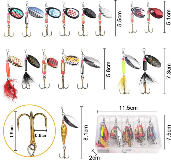Vicloon Spinner Blinker Set, 16 Fishing Lures with Treble Hooks, Sequins Artificial Lures for Trout, Perch, Salmon, Pike, Zander