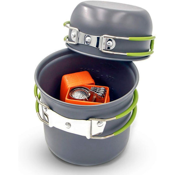 Utomhus Camping Köksredskap Ryggsäck Skål Gryta + Mini Behållare Spis Brännare Fällbar (2 delar set)